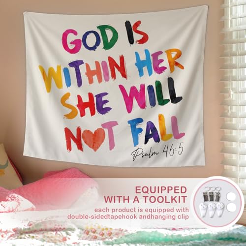 Lacama Christian Tapestry, Cute God is Within her she Will not fall Bible Tapestry Decor for Bedroom College Dorm Apartment, College Dorm Decor,Christian Gifts for Women, 50x60 Inches - color: god is within her she will not fall