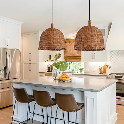 Rattan Pendant Light 13.8" Hand Weaving Wicker Dining Room Light 3-Light Boho Bracket Hanging Chandelier Fixture for Living Room Bedroom Kitchen Island Entry Hallway Farmhouse - color: Brown-13.81IN