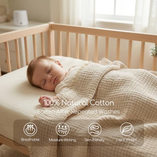 WDCOZY Muslin Throw Blanket 100% Cotton Blankets 4-Layer Breathable Lightweight Soft for Couch Boho Farmhouse Linen Tassels Ruffle Gauze Blankets All Season for Adults 50x60 Inches Beige Tan Neutral - color: Beige, size: Throw (50"x60")