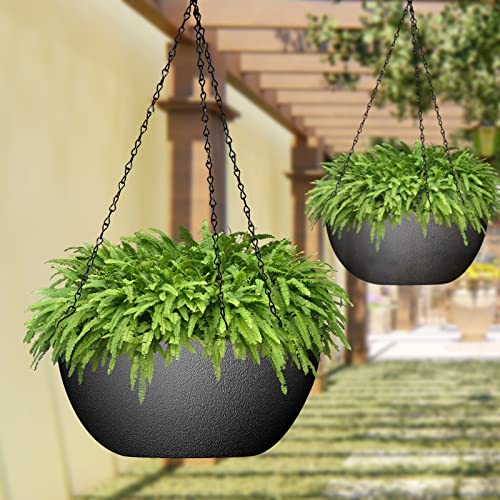 WOUSIWER 13 inch 2Pack Large Hanging Planters for Outdoor Indoor Plants with Drainage Holes and Chain, Round Hanging Flower Pots for Garden Home Porch Decor, Black - color: Black