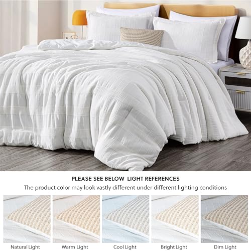 Chezmoi Collection 4-Piece Clip Jacquard Cotton Comforter Set King, Boho Chic Textured Tufted Basketweave Striped Bedding with Textured Woven Pillow Cushion, White - color: Yuki White, size: King