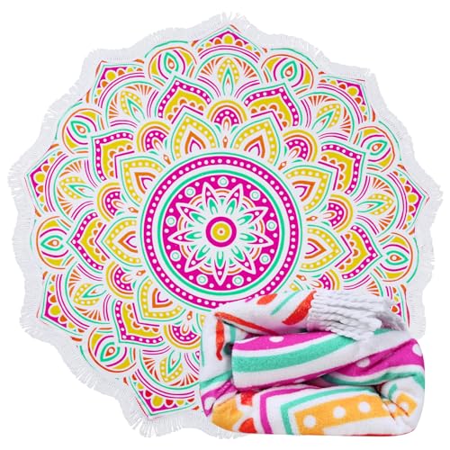 Benefeet Sox Large Mandala Beach Towel Round Microfiber Circle Beach Towels Bohemian Roundie Beach Blanket Quick Dry Beach Throw Blanket Sand Free Pool Towels, 59 Inches Yellow Multi - color: Mandala, Yellow Multi