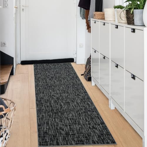 RUGSREAL 2x6 Runner Rug Washable Kitchen Runner Rug Modern Abstract Runner Mat for Hallway Contemporary Solid Rug Non-Slip Foldable Aesthetic Accent Floor Carpet for Living Room Bedroom, Black - color: Black, size: 2' x 6' (Runner)