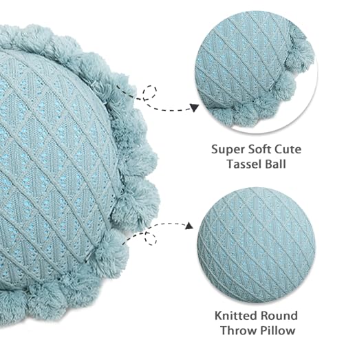Acrylic Knitted Round Throw Pillow Knitting Bohemian Circular Cushion Pillow with Knit Handmade Pompoms Decorative Turquoise Green, Diameter 18inches - color: Turquoise Green