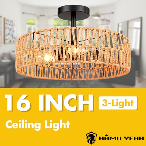 Hamilyeah Boho Woven Flush Mount Ceiling Light Fixture, 16 inch Rattan Light Fixture Ceiling Mount for Living Room, Bedroom, Kitchen - color: Black 16INCH Semi Ceiling Light