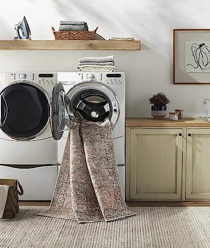 Hauteloom Handel Machine Washable Area Rug - Floral Border Medallion Distressed Faded - Traditional Oriental Transitional Oushak Vintage - Dusty Pink, Rust, Navy, Brown, Gray - 6'7" x 9' - color: Dusty Pink, Rust, Navy / Noda, size: 6'7" x 9' (Rectangular