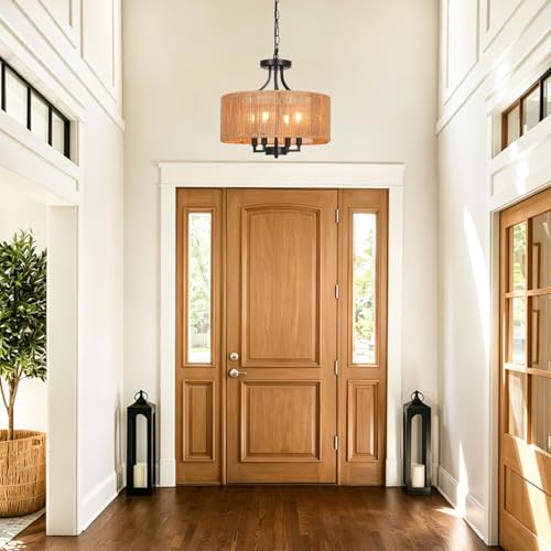 15.7'' Hand Woven Rattan Chandelier, 4-Light Boho Chandelier Rattan Pendant Light Fixture, Wicker Farmhouse Chandeliers for Dining Room Bedroom Living Room Foyer