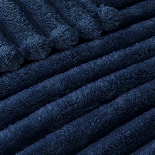 Exclusivo Mezcla California King Size Flannel Fleece Blanket, Super Soft Striped Jacquard Bed Oversized Blanket, Lightweight Fuzzy Cozy for All Seasons, 120x120 Inches, Navy Blue - color: Navy Blue, size: Cal King ( 120x120 IN )