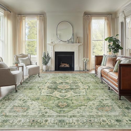 AMADA HOMEFURNISHING 8x10 Area Rug, Washable Low-Profile Large Area Rug with Non-Slip Backing & Durable Edge Binding, Vintage Large Rugs for Living Room, Bedroom - color: Green, size: 8' x 10' (Rectangular)