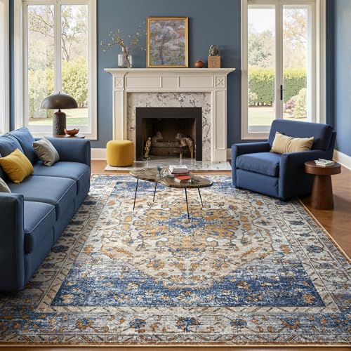 Amearea Vintage Design Area Rugs for Living Room, 4x6 Machine Washable Floral Collection Traditional Bedroom Rug, Low Pile Kids Room Print Carpet, No Slip Office Kitchen Home Decor, Blue and Orange - color: Blue/Orange, size: 4' X 6' (Rectangular)