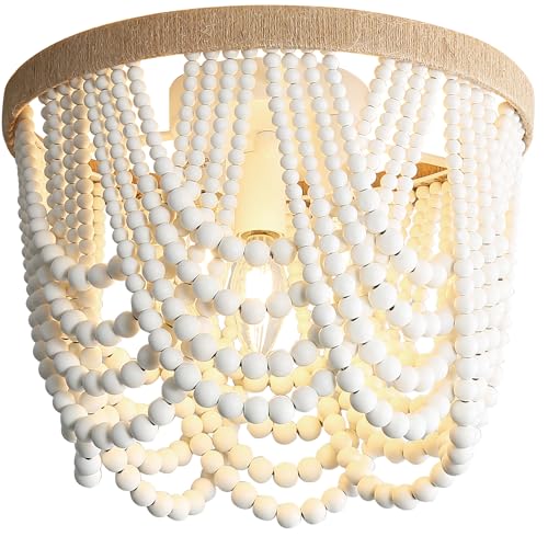 Bohemian Wood Beaded Ceiling Lamp 3-Light – Antique Rustic Mini Chandelier with White Beads for Bedroom, Nursery, Girls' Room, Dining Room, Hallway Entryway - color: White