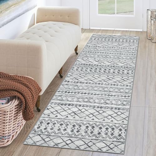 KUTA 2x6 Washable Runner Rug Non-Slip, Grey Moroccan Boho Rug Runner for Hallways Distressed Geometric Vintage Kitchen Rugs, Ultra Soft Floor Mat for Entryway, Bathroom, Laundry, Living Room, Bedroom - color: Grey, size: 2' x 6' (Runner)