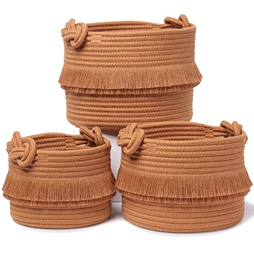 NaturalCozy 3-Piece Boho Decor Storage Basket Set Cotton Rope Woven Baskets for Organizing! Small Basket for Baby Stuff, Baby Shower, Gift Basket, Nursery Basket, Planter, Toy Basket, Shelves - color: Brown