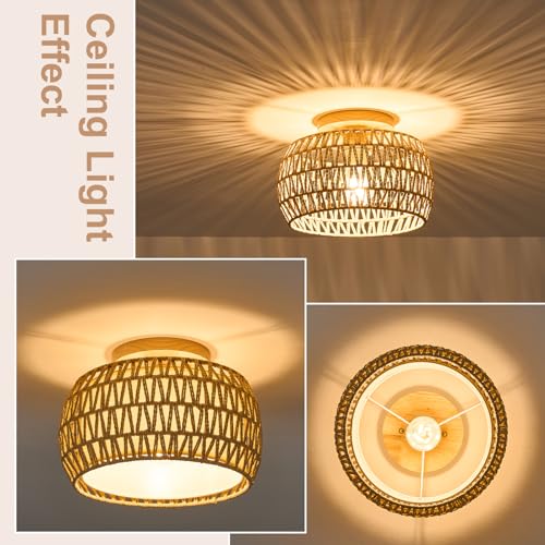 Boho Rattan Flush Mount Ceiling Lights 12 Inch Farmhouse Ceiling Light Fixtures Rustic Wicker Hand Woven Rope Cage for Dining Room Kitchen Bedroom Foyer Hallway Entryway - size: 12 Inch 1 Pack