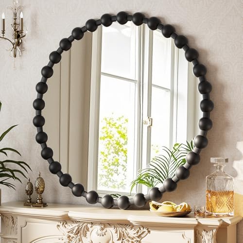 Easly Round Mirror for Wall, 28 Inch Black Beaded Frame Decorative Vanity Mirror, Circle Bathroom Mirror with High-Definition Lense, Modern Wall Decor for Bathroom, Living Room, Bedroom, Entryway - color: Black, size: 28"L x 28"W