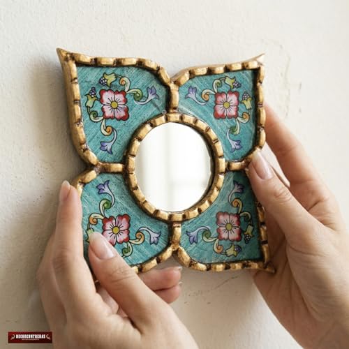 Peruvian Artisan Mirror for wall Decor– Small Diamond/Square wall Mirror with Bronze Leaf Frame (Turquoise) - color: Turquoise