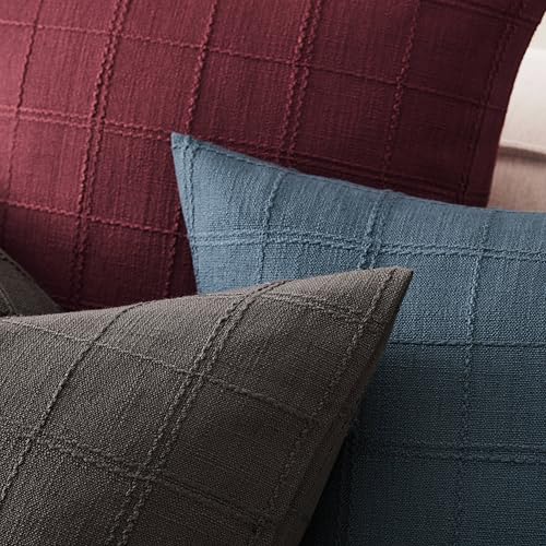 ZeeMart Linen Checked Lumbar Throw Pillow Covers Set of 2, 12x20 Inch Allover Grid Charcoal, Farmhouse Decorative Double Sided Grid Embroidered Couch Pillow Cases Grey Cotton Linen Cushion Covers - color: Allover Grid Charcoal, size: 20" x 12" (Pack of 2)
