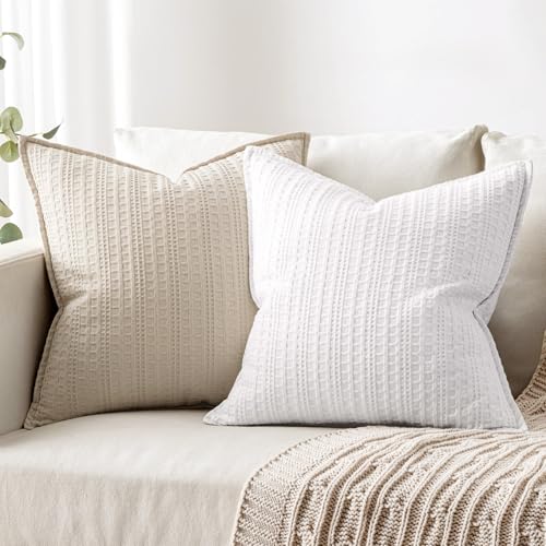 Set of 2 Decorative 100% Cotton Waffle Throw Pillow Covers 18x18, Neutral Euro Shams Weave European Cushion Cases for Couch Sofa Bed Modern Farmhouse Home Decor, White - color: White, size: 18" x 18" (Pack of 2)