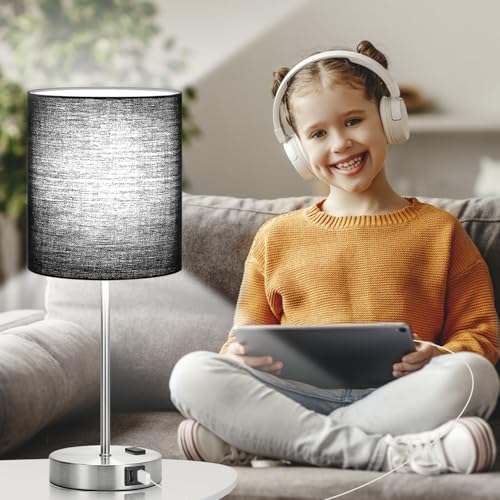 Lynnoland Set of 2 Touch Control Table Lamps with 2 USB & AC Outlet, 3-Way Dimmable Bedside Nightstand Lamps for Bedroom Living Room Nursery, 800 Lumens 5000K Daylight Bulbs Included - color: (2 Pack)Black & Brushed Nickel(Base)-5000K Bulbs Included