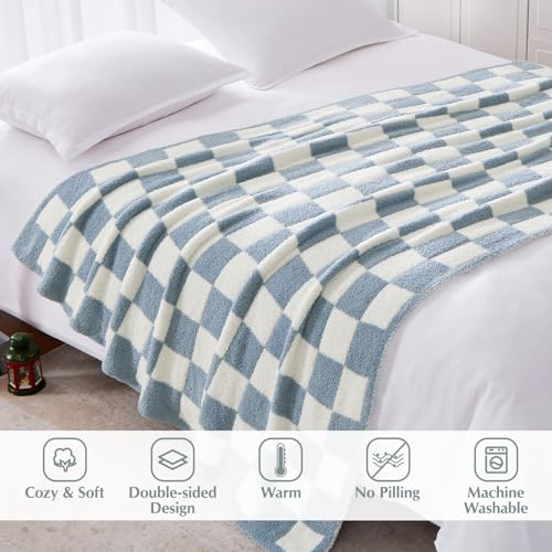 WRENSONGE Checkered Throw Blanket, Grey Blue Soft Cozy Fluffy Warm Hand Made Throw Blankets for Couch, Sofa, Chair, Bed, Camping, Picnic, Travel Lightweight Bed Blanket - 50"*70" - color: Arctic Blue, size: Throw-XL(50"x 70")