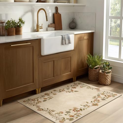 2x3 Washable Small Rug for Entryway: Door Mat Indoor Entrance Stain Resistant Non Slip Rubber Backed Low Pile Soft Throw Area Rugs for Bedroom Kitchen Front Door Indoor Entrance Foyer Entry - color: Edge Floral Cream Brown, size: 2' x 3' (Rectangular)