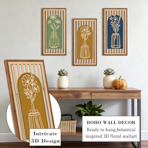 BINCUE 3 Pcs Boho Flower Wall Decor,Modern Floral Wall Art Botanical,Bohemian Floral Hanging Decor Abstract Minimalist Wildflower Wooden Art for Living Room Bedroom Office 7.9 x15.8 Inch - color: Colourful Flower B