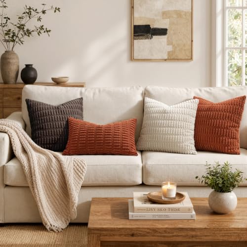 MIULEE Pack of 2 Rust Corduroy Decorative Pillow Covers 12x12 Inch Soft Boho Striped Throw Pillow Covers Modern Farmhouse Home Decor for Summer Sofa Living Room Couch Bed - color: Rust, size: 12" x 12" (Pack of 2)