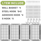 Wall Basket with Label Plate & 5 S-Hooks –4 Pack Hanging Wire Basket for Organizing, Wall Storage for Kitchen, Bathroom, Pantry, Laundry, RV – Hanging Wall Basket, Metal - size: 4 Pack
