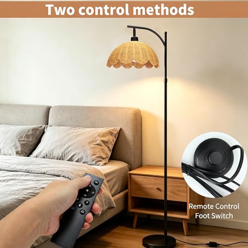 Arc Floor Lamp for Living Room, Boho Floor Lamps with Hand-Woven Rattan Flower Shade, Farmhouse Standing Lamp with Remote & 3 Color Temp Bulb, Height Adjustable Tall Lamp for Bedroom Office Corner - color: Black
