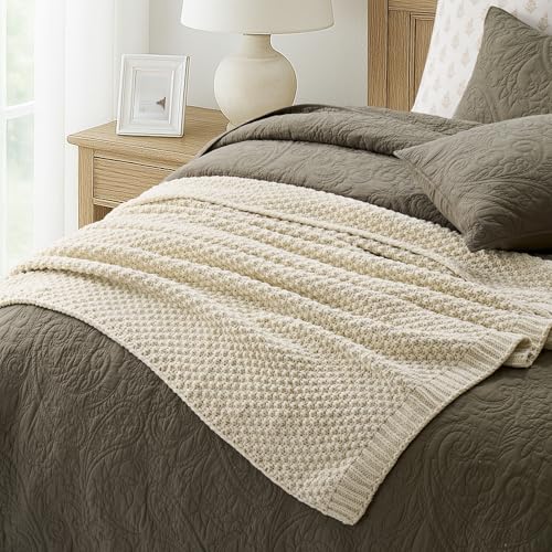 EVERGRACEHOME Chunky Chenille Knit Throw Blanket for Couch, Soft Luxurious Moss Stitch Blankets for Bed, Cozy Decorative Farmhouse Knitted Throws for Sofa, Beige, 50" x 60" - color: Beige, size: 50" X 60"