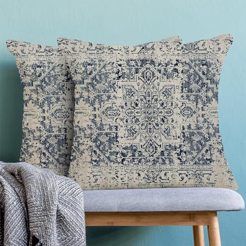 Boho Pillow Covers 18x18 Inch Set of 2, Bohemian Vintage Carpet Pattern Decoration Throw Pillowcase Boho Blue Retro Linen Outdoor Farmhouse Cushion Cover for Sofa Couch Bed Living Room - color: Boho26, size: 18" x 18" (Pack of 2)