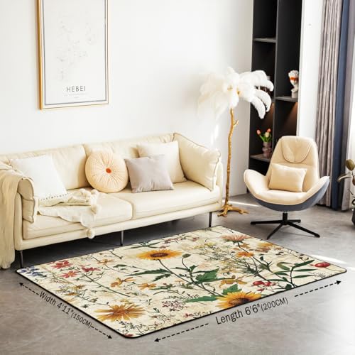 Erosebridal Boho Flower Floral Area Rug 6'6" x 4'11" Botanical Neutral Living Room Rugs Vintage Landscape Wildflower Decorative Carpet Retro Country Indoor Floor Mat - color: Beige Yellow, size: 4'11" x 6'6" (Rectangular)