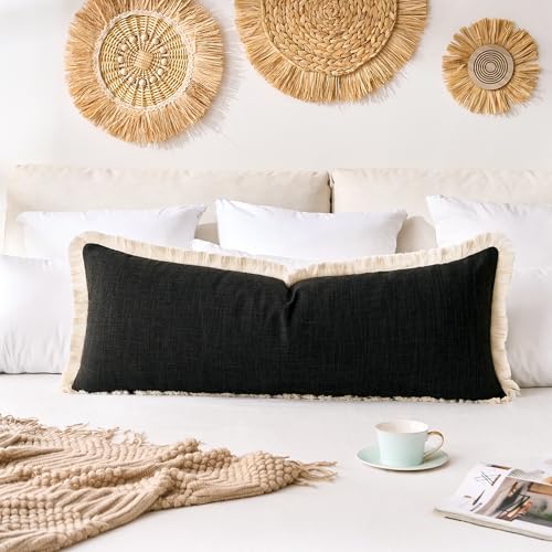 Boho Pillow Covers 14x36 Inch Black Rectangular Pillow Cover Farmhouse Pillowcase Faux Linen Long Body Pillow for Bedroom Living Room Couch Sofa Home Décor Pack of 1 - color: Black, size: 36" x 14" (Pack of 1)