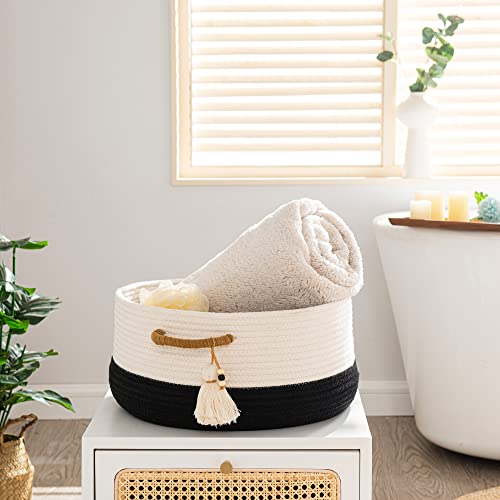 KAKAMAY Woven Baskets for Storage(16"x8"),Blanket Basket for Organizing Living Room,Cotton Rope Basket Woven Baby Laundry Hamper,Collapsible Laundry Room Organization,Clothes,Toy Chest(Black) - color: Black