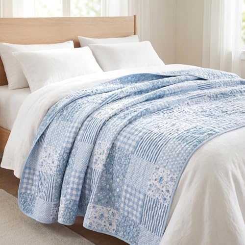 Quilted Throw Blanket 50"x 60" Blue Floral Patchwork Quilt Throw Blanket Reversible Lightweight Shabby Farmhouse Lap Quilt for Couch Sofa Bed Decor