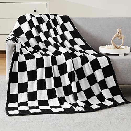 WRENSONGE Checkered Throw Blanket, Black and White Soft Cozy Fluffy Warm Hand Made Throw Blankets for Couch, Sofa, Chair, Bed, Camping, Picnic, Travel Lightweight Bed Blanket - 50"*70" - color: Black White, size: Throw-XL(50"x 70")