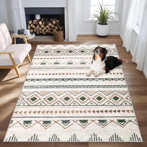 Area Rug 3x5 Geometric Rug: Washable Boho Moroccan Rugs Soft Farmhouse Rug, Modern Neutral Stain Resistant Indoor Floor Carpet for Living Room Bedroom Dining Table Nursery(Brown Green,3'x5') - color: Brown/Green, size: 3' X 5' (Rectangular)