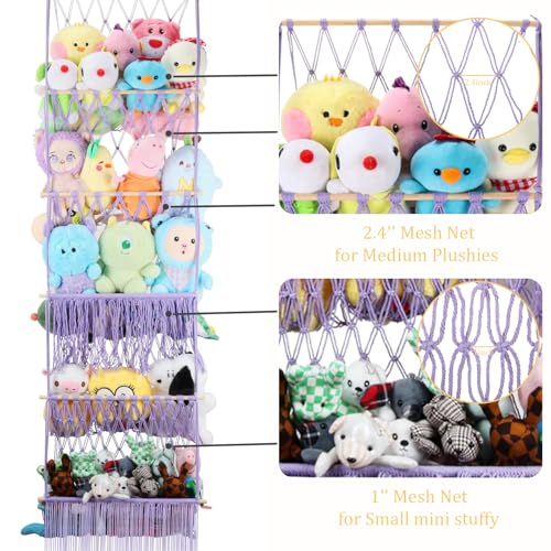 5 Tier Stuffed Animal Storage Shelf Net, 17x61 Inch Large Plushie Net w/LED Light & Clips for Mini Medium Stuffy Teddy, Purple Boho Macrame Wall Toy Holder Display for Nursery Kids Girls Boys - color: Light Purple, size: Large-5 Tier-17x61 Inch