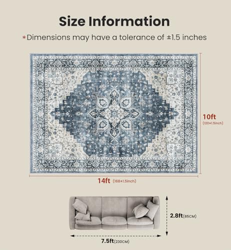 AMADA HOMEFURNISHING 10x14 Washable Area Rug, Low-Profile Large Area Rug with Non-Slip Backing & Durable Edge Binding, Vintage Large Rugs for Living Room, Bedroom & Dinning Room - color: Blue, size: 10' x 14' (Rectangular)