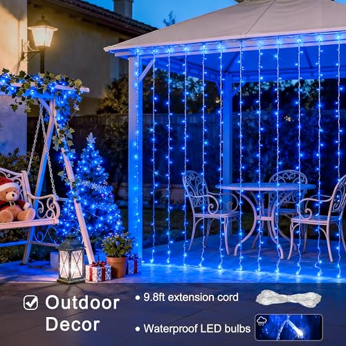JMEXSUSS 300LED Blue Curtain Lights, Christmas Lights with Remote, Hanging String Lights for Bedroom Wall Window Backdrop Garden Indoor Outdoor Patio Yard Decorations, 9.8x9.8ft - color: Blue, size: 300 LED