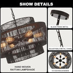 23.6" Black Rattan Chandelier, 6-Light Hand-Woven Boho Light Fixture, 3-Tier Drum Wicker Chandelier for Dining Room, Bedroom, Kitchen Island, Foyer - color: black 23.6"