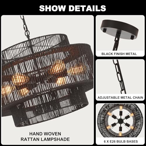 23.6" Black Rattan Chandelier, 6-Light Hand-Woven Boho Light Fixture, 3-Tier Drum Wicker Chandelier for Dining Room, Bedroom, Kitchen Island, Foyer - color: black 23.6"