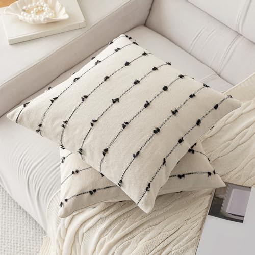 YEENAASY Boho Throw Pillow Covers 22x22 Set of 2 Modern Farmhouse Decorative Cushion Case Tufted Square Pillows Cover Neutral Pillow Cases Accent Pillowcase for Sofa,Couch,Bed,Beige and Black - color: Beige and Black, size: 22" x 22" (Pack of 2)