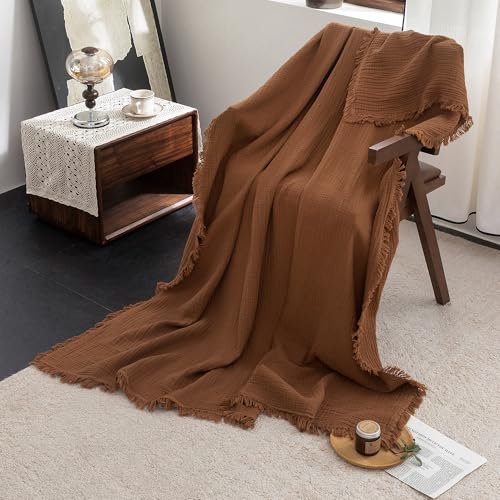 FOSSA Muslin Blanket with Fringe - 4-Layer 100% Cotton Gauze Super Soft & Breathable Throw -Lightweight Decorative Cooling Blanket for Bed, Sofa, Office -Throw XL Size 50" × 70" (Dark Orange) - color: Dark Orange, size: Throw XL (50" × 70")