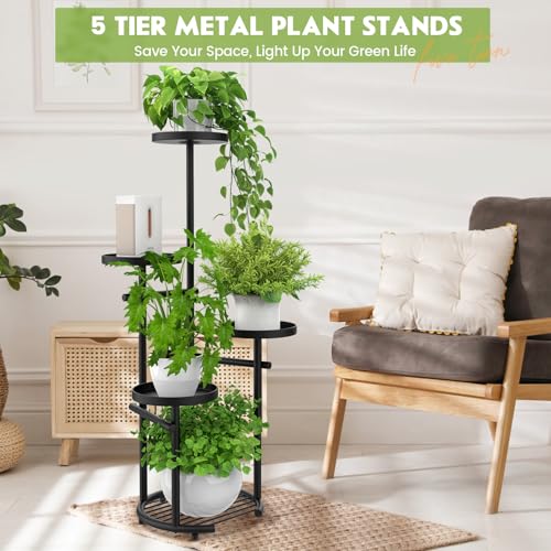 TOSKING 5 Tier Tall Plant Stand Indoor Outdoor, Heavy Duty Corner Plant Stand with Space-Saving Plant Shelf for Multiple Plants| Round Plant Table Design for Living Room Balcony Garden (Black, 37in) - color: Black, size: 5tier Rd Base