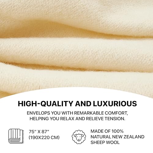 | Wool Blanket/Throw | 100% New Zealand Wool | Perfect for Home and Outdoors | Virgin Wool Throw with Fringes 75"x87" (190 x 220 cm) - color: Creamy White, size: Full