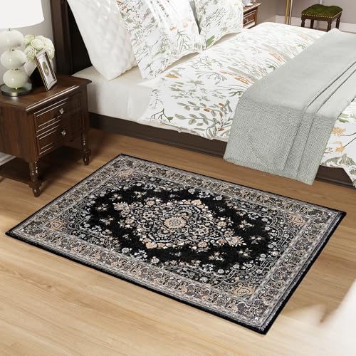 HOMORE 2x3 Area Rug Small Black Rugs for Bedroom, Washable Rug for Entryway, Non Slip Low Pile Indoor Door Mat for Entrance Small Kitchen Rugs Vintage Floral Rug for Living Room Dorm Decor - color: Black, size: 2' x 3' (Rectangular)