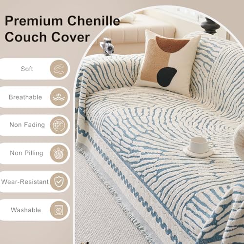 ROOMLIFE Thicked Striped Couch Cover with Tassel Blue Chenille Sofa Cover Blanket for Sectional Sofa, Soft Sofa Slipcovers for L Shaped Love Seat 2-3 Cushion Couch Anti Slip Sofa Protector, 71"x134"