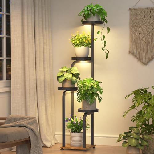 iDavosic.ly Tall Plant Stand Indoor with Grow Light, 4 Tier Corner Multiple Flower Holder Shelf with Metal Trays, Space Saving Display Rack for Living Room Balcony Patio Porch | Black & Brown - color: Black with Light