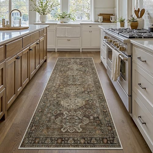 Bavni Washable Runner Rug 2x10, Non Slip Vintage Kitchen Runner Rug, Ultra Thin Low Pile Long Hallway Runner, Machine Washable Carpet Runner for Kitchen Entryway Bedroom Laundry Room, Brown - color: Brown, size: 2' x 10' (Rectangular)